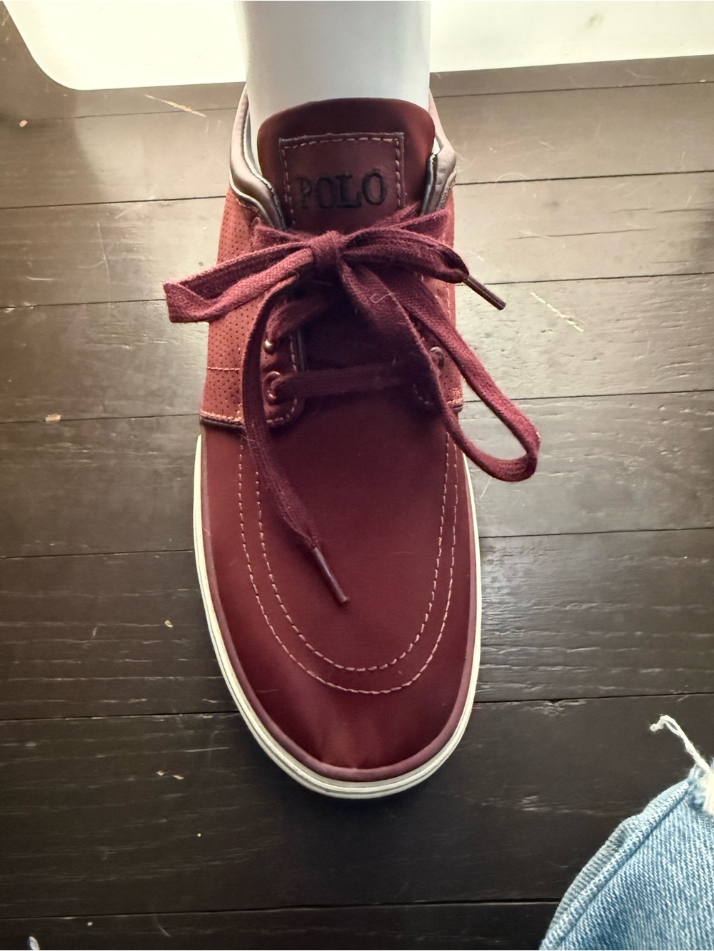 Polo by Ralph Lauren Men's Burgundy Suede Lace-Up Boat Shoe with White Sole
